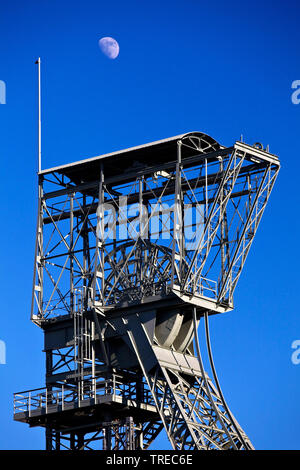 headframe of industrial museum Zollern Colliery with moon, Germany, North Rhine-Westphalia, Ruhr Area, Dortmund Stock Photo