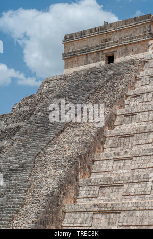 Unrestored staircase of the Mayan Pyramid of Kukulkan, known as El Castillo, classified as Structure 5B18, taken in the archaeological area of Chichen Stock Photo