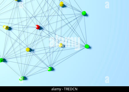 Pins connected with black twines, symbolizing a network structure Stock Photo