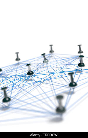 Pins connected with blue twines, symbolizing a network structure Stock Photo