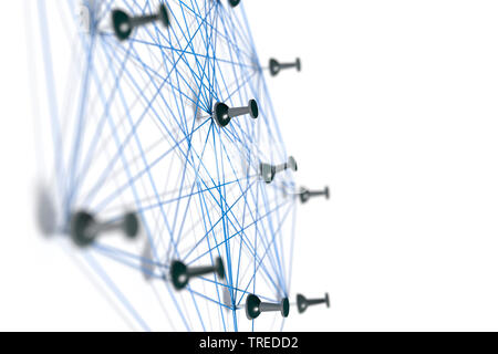 Pins connected with blue twines, symbolizing a network structure Stock Photo