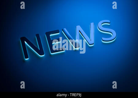 3D computer graphic, lettering NEWS in black against blue background Stock Photo