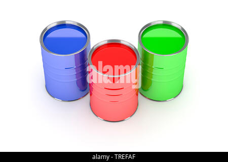 Three paint pots with paint in red, blue and green tones on white surface Stock Photo