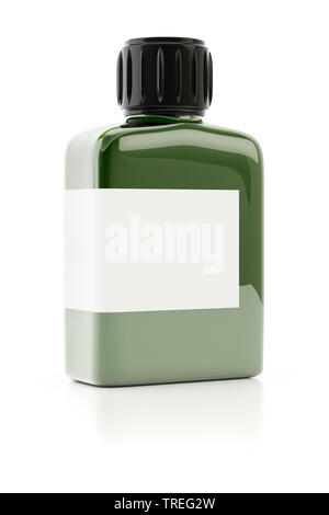 3D computer graphic, transparent plastic bottle filled with olive-green paint against white background Stock Photo