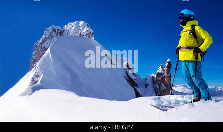 Ski off piste in the ski resort of Les Arcs in Savoy, Tarentaise valley, mountain Aiguille Rousse, France Stock Photo