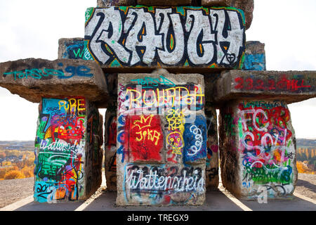 graffiti on the stairs of heaven, spoil tip Rhine Elbe, Germany, North Rhine-Westphalia, Ruhr Area, Gelsenkirchen Stock Photo