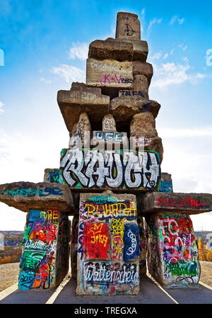 graffiti on the stairs of heaven, spoil tip Rhine Elbe, Germany, North Rhine-Westphalia, Ruhr Area, Gelsenkirchen Stock Photo