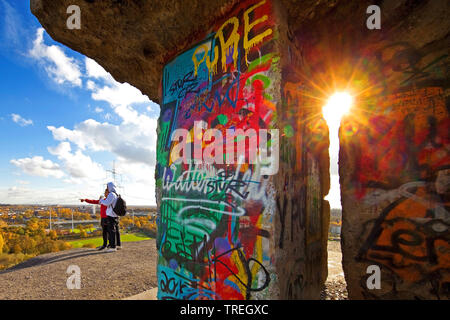 graffiti on the stairs of heaven, spoil tip Rhine Elbe, Germany, North Rhine-Westphalia, Ruhr Area, Gelsenkirchen Stock Photo