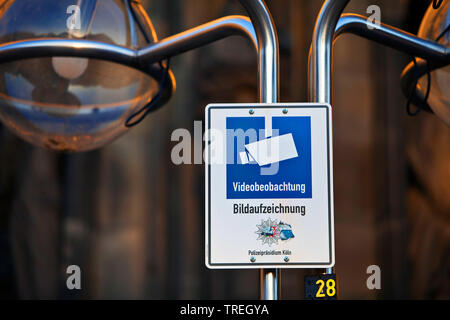 sign video surveillance on the Domplatte, Germany, North Rhine-Westphalia, Cologne Stock Photo