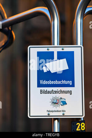 sign video surveillance on the Domplatte, Germany, North Rhine-Westphalia, Cologne Stock Photo