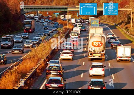 much traffic on the motorway A3, Germany, North Rhine-Westphalia, Ruhr Area, Duisburg Stock Photo