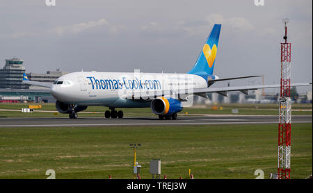 Thomas Cook Airbus A330-243, G-CHTZ ready for take off at Manchester Airport Stock Photo