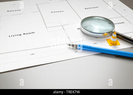 3D computer graphic, floorplan of a flat with a pen and a magnifying glass lying on top Stock Photo