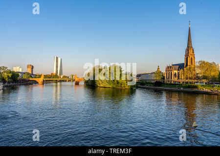 view on main and the gothic church dreikönigskirche from eiserner steg, Frankfurt germany Stock Photo