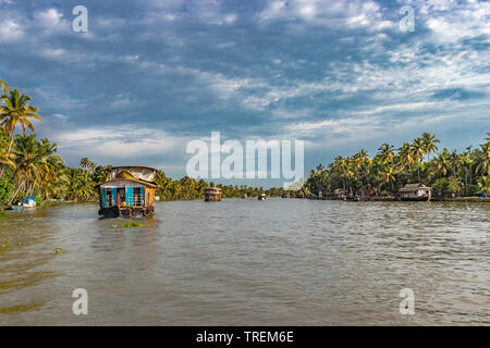 Houseboats in the backwater of alleppey kerala showing the natural beauty of south india. Image taken from front angle showing backwater with palm tre Stock Photo