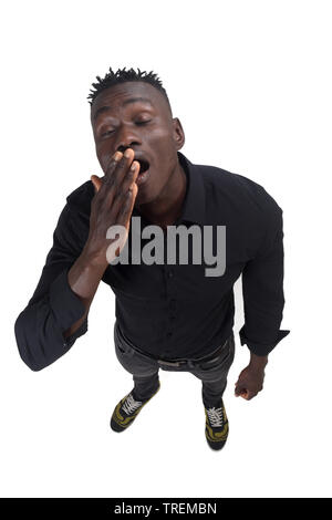 man yawning on white background Stock Photo