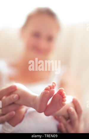Baby feet in mothers hands close up. Happy motherhood. Maternity. Stock Photo