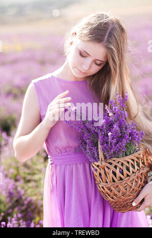 Beautiful blonde girl 14-16 year old holding basket with lavender flowers in field. Pretty girl posing outdoors. Summer time. Stock Photo