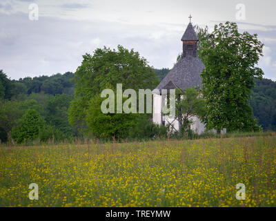 Oldest rotunda in Slovenia. Saint Nicholas and Virgin Mary church from 13th century. View of old church in fields of yellow, spring flowers. Selo, Mor Stock Photo