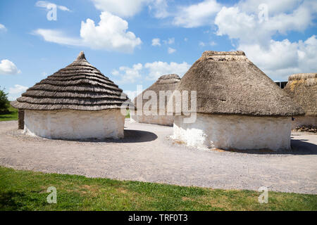 Exterior of recreated Neolithic stone age hut / stoneage huts with thatched roof / roofs. Village exhibition; Visitor centre Stonehenge  / Stone Henge. Amesbury, Wiltshire, UK (109) Stock Photo