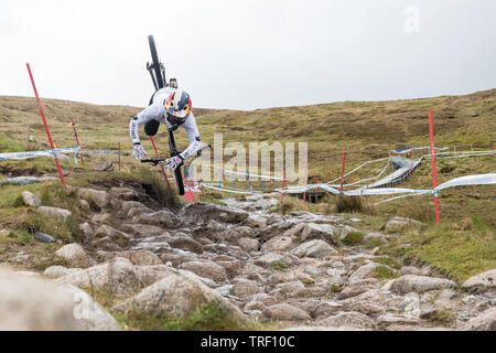 Finn Iles crash sequence during practice run - UCI Mountain Bike World Cup at Fort William, Scotland - series of 13 images  image 6/13 Stock Photo