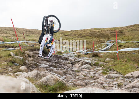 Finn Iles crash sequence during practice run - UCI Mountain Bike World Cup at Fort William, Scotland - series of 13 images  image 8/13 Stock Photo
