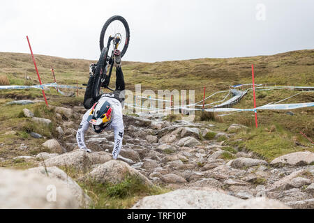 Finn Iles crash sequence during practice run - UCI Mountain Bike World Cup at Fort William, Scotland - series of 13 images  image 9/13 Stock Photo