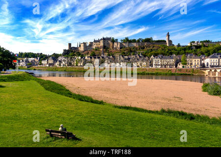 The river Vienne and the Royal Fortress of Chinon, indre et Loire department, Centre Val de loire, France, Europe