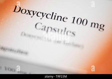 Box of Doxycycline capsules antimalarial prophelactic treatment to prevent malaria infection Stock Photo