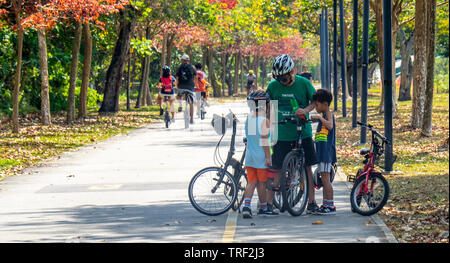 Father and sons enjoying a morning bicycle ride along East Coast Park Singapore. Stock Photo