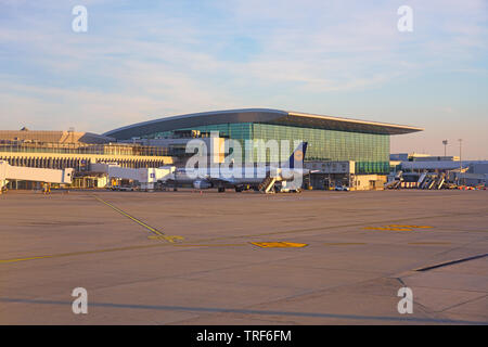 BUDAPEST, HUNGARY -25 MAY 2019- View of the Budapest Ferenc Liszt International Airport (BUD), formerly known as Budapest Ferihegy International Airpo Stock Photo