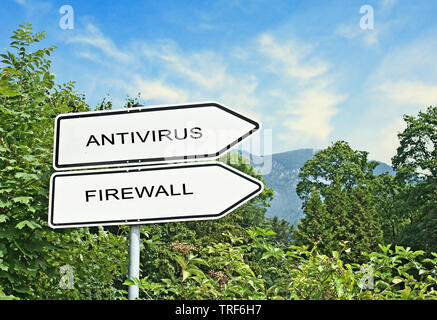 Direction road sign with  words antivirus, firewal Stock Photo