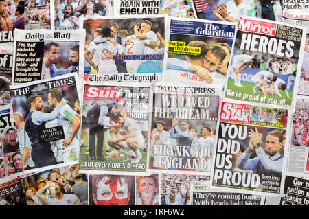 British newspaper front pages reporting on England's World Cup defeat after losing 2-1 in the semi-finals against Croatia. Stock Photo
