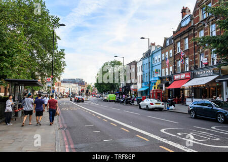 View from Islington Green along Upper Street and Islington High Street towards the Angel, London, UK Stock Photo