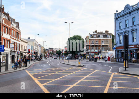 View from Islington Green along Upper Street and Islington High Street towards the Angel, London, UK Stock Photo