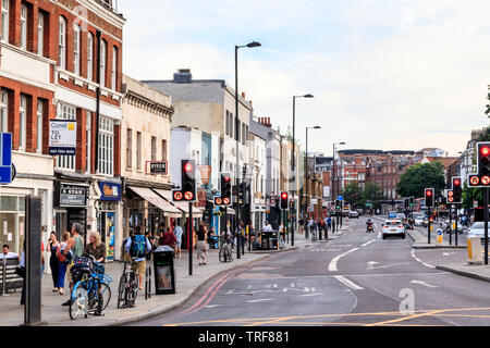 View from Islington Green along Upper Street and Islington High Street towards the Angel, London, UK Stock Photo