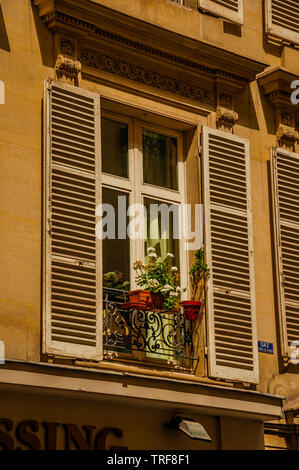 Facade of old building with flowers on open window and sunny day in Paris. One of the most impressive world’s cultural center in France. Stock Photo