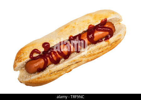 A Hot dog with Stokes tomato Ketchup on a white background Stock Photo