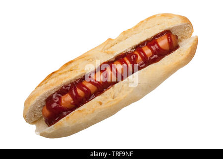 A Hot dog with tomato Ketchup on a white background Stock Photo