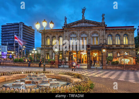 Night scene of the square in front of the National Theatre of Costa Rica in San Jose at twilight time. Stock Photo