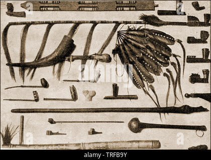 1909 illustration showing native American Indian weapons,artifacts and smoking equipment. Stock Photo