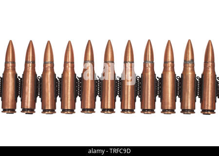 Machine gun belt loaded with 7.62x39mm USSR cartridges isolated on white Stock Photo