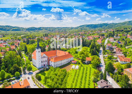 Town of Samobor in Croatia, catholic church and monastery, aerial view from drone Stock Photo