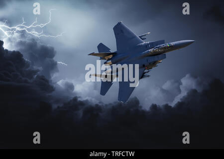 F-15 Strike Eagle. A composite image of a USAF F-15 flying through stormy skies. Stock Photo