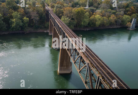 Daytime Aerial Landscape Photograph Rusty Steel Train Track Crossing Historic Potomac River in Maryland, USA Stock Photo