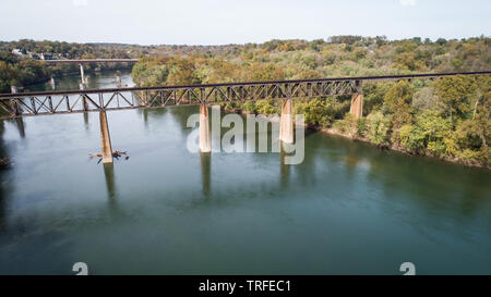 Daytime View Aerial Drone Landscape Photograph Rusty Steel Train Track Architecture Crossing Historic Potomac River in Maryland, USA Stock Photo