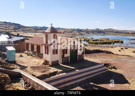 Catholic church near the ancient burial grounds of Sillustani, Puno Region, Peru Stock Photo