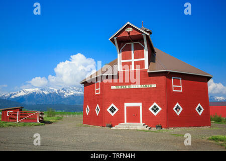 red barn below the wallowa mountains near joseph, oregon Stock Photo