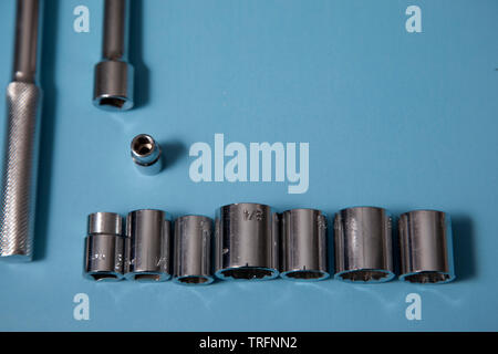 Close up view of sockets on a blue background Stock Photo
