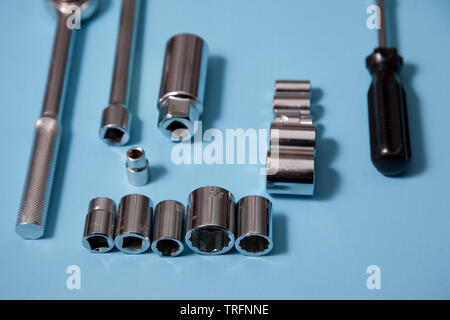 Close up view of sockets on a blue background Stock Photo